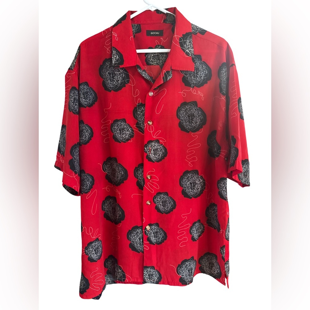 Elegant Red Floral Button Down Shirt